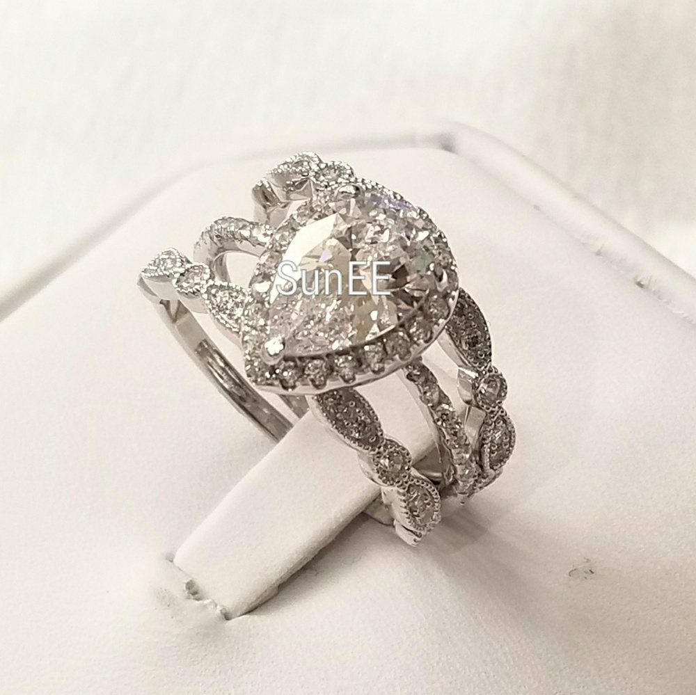 NEW 925 STERLING SILVER HALO DIAMOND PEAR WEDDING RINGS ENGAGEMENT RINGS